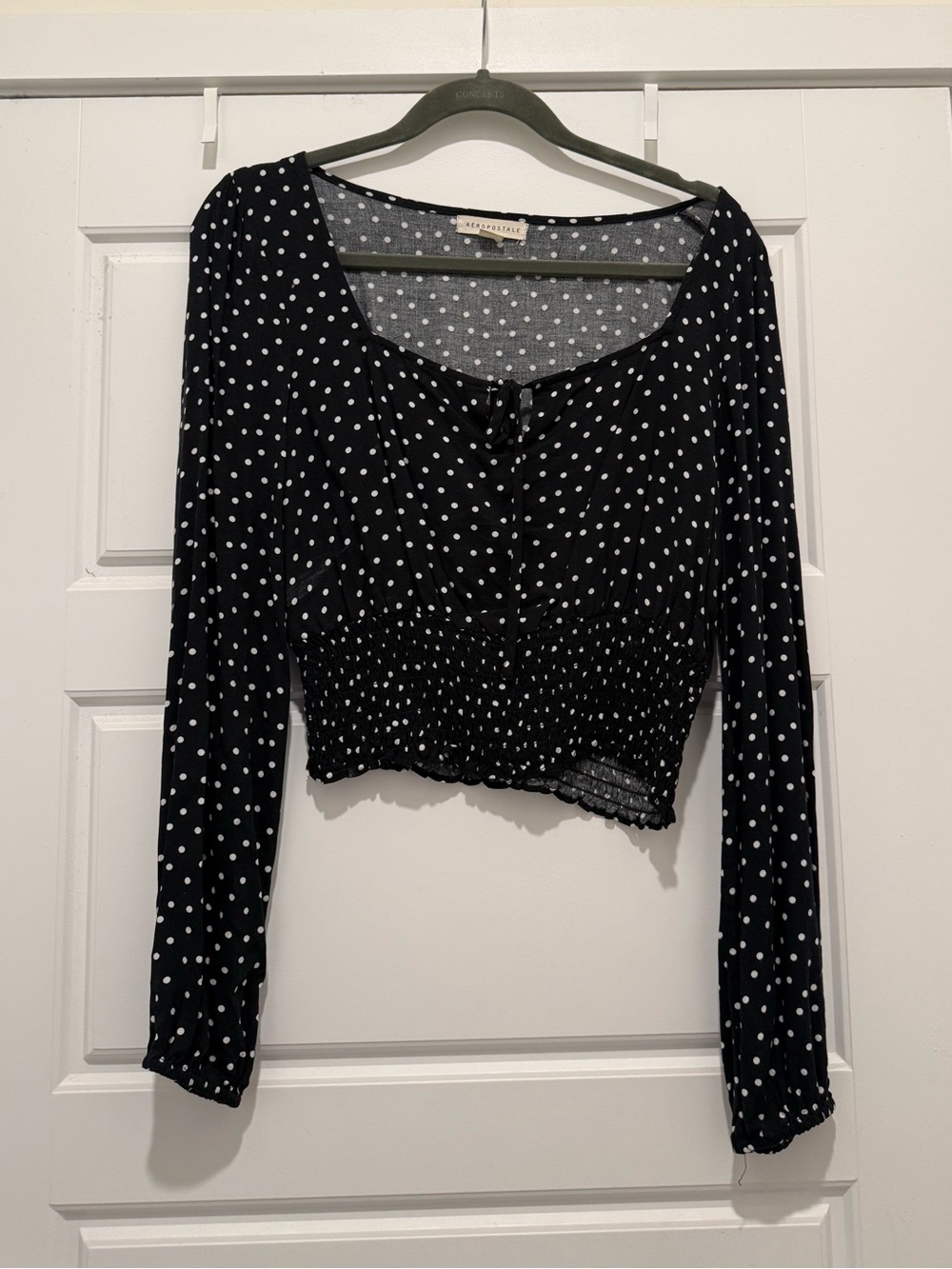 Aeropostale Black and White Polka Dot Long-Sleeve Smocked Crop Top